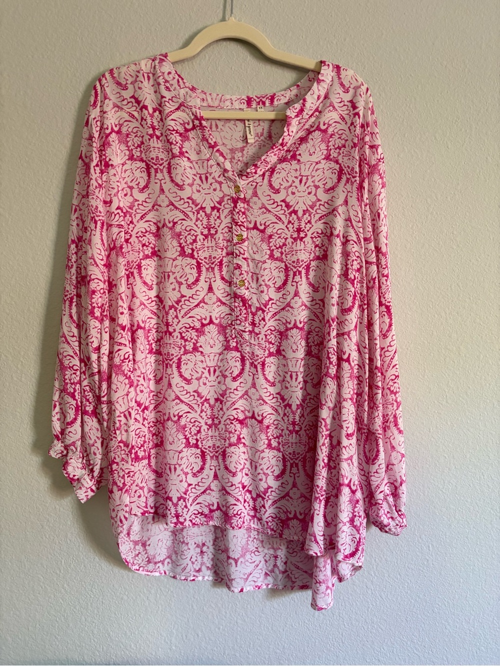 grand & greene Pink and White Printed Henley Tunic 2X